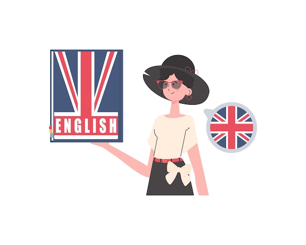 Vettore una donna tiene in mano un dizionario inglese il concetto di imparare l'inglese isolato in stile cartone animato alla moda illustrazione vettoriale