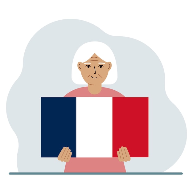 Una donna tiene in mano una bandiera francese il concetto di festa nazionale dimostrativa o patriottismo nazionalità
