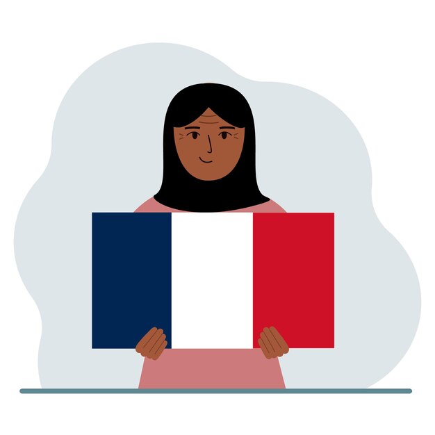 Vector a woman holds a french flag in his hands the concept of demonstration national holiday or patriotism nationality