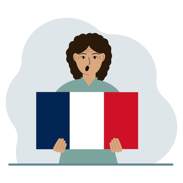 Vector a woman holds a french flag in his hands the concept of demonstration national holiday or patriotism nationality