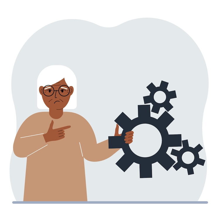 Vector a woman holds gears in his hand points a finger at the cogwheels the concept of financial planning movement life education or maintenance