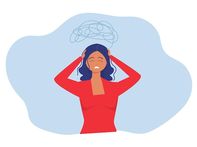 A woman holds her head with her hands experiencing headache stress depression Isolated design