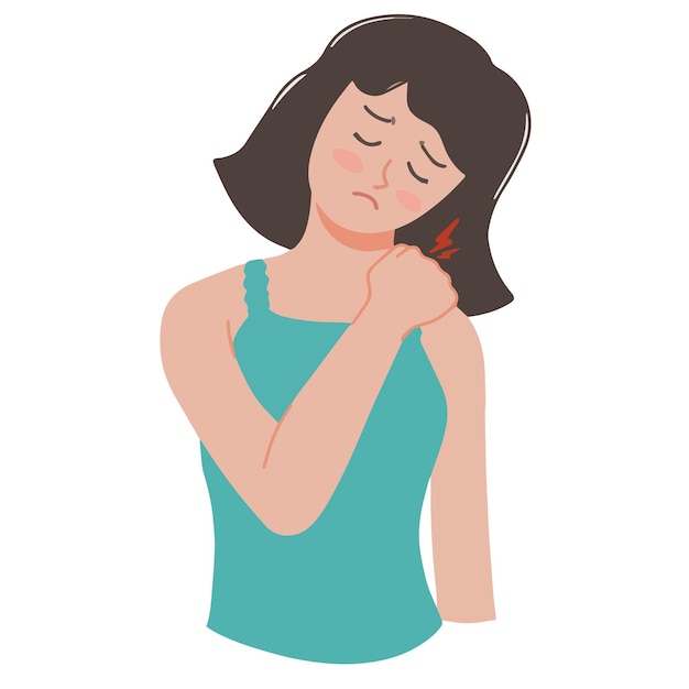 Vector woman holds her shoulder with one hand because it's sore illustration