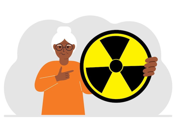 Vector a woman holds in his hand a large sign warning about radiation danger vector flat illustration