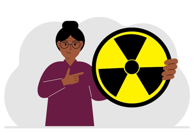 Vector a woman holds in his hand a large sign warning about radiation danger vector flat illustration