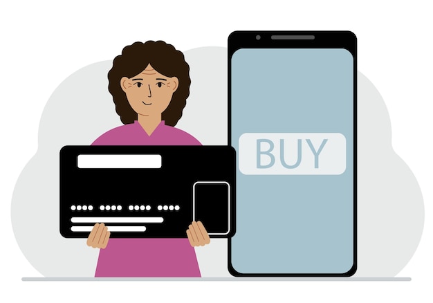 A woman holds a huge credit card next to a smartphone with a Buy button on the screen The concept of online payments with payment via mobile phone