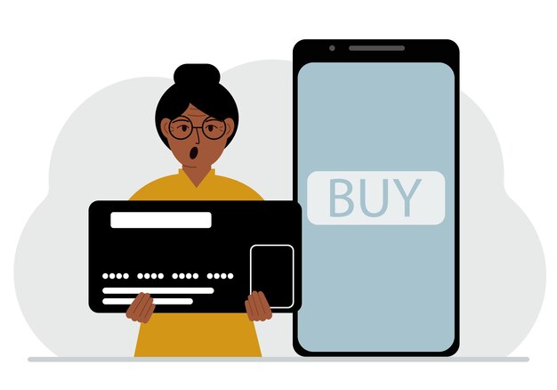 한 여성이 화면에 구매 버튼이 있는 스마트폰 옆에 거대한 신용 카드를 들고 있습니다. 휴대폰을 통한 온라인 결제 개념