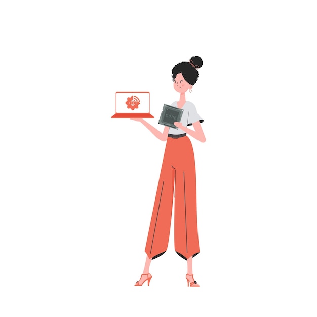 A woman holds a laptop and a processor chip in her hands Internet of things and automation concept Isolated Vector illustration in flat style