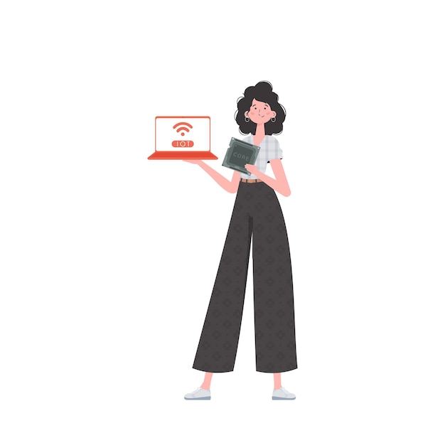 A woman holds a laptop and a processor chip in her hands Internet of things and automation concept Isolated Vector illustration in trendy flat style