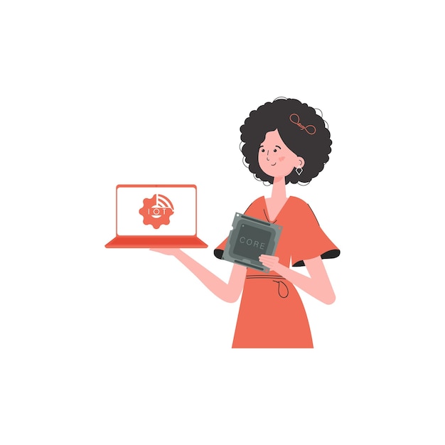 A woman holds a laptop and a processor chip in her hands Internet of things concept Isolated Trendy flat style Vector illustration