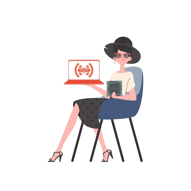 A woman holds a laptop and a processor chip in her hands IoT concept Isolated Vector