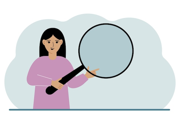 Vector a woman holds a large loupe or magnifying glass in his hands