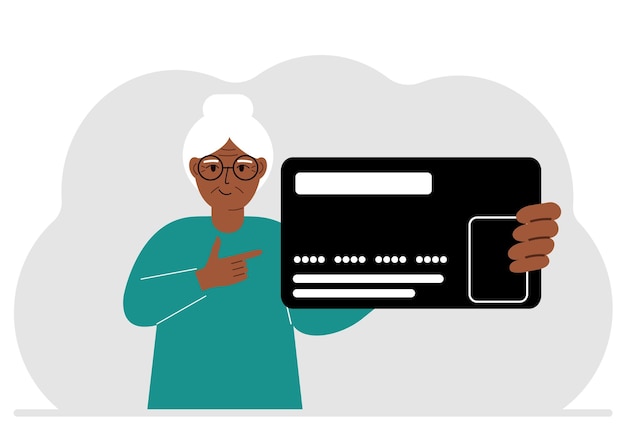 A woman holds a large plastic credit card in his hand Vector illustration