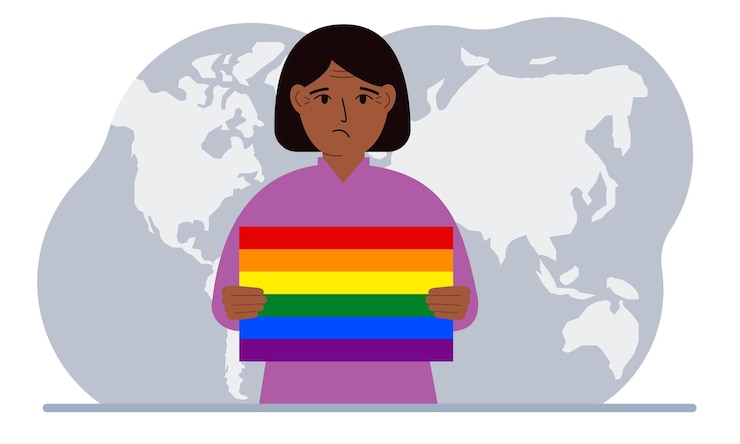Vector a woman holds an lgbt flag in his hands against the backdrop of a world map