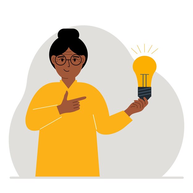 A woman holds a light bulb in his hand Idea concept brainstorming business thinking solution eureka task bingo or answer search