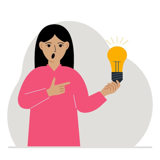 A woman holds a light bulb in his hand Idea concept brainstorming business thinking solution eureka task bingo or answer search