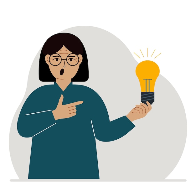 Vector a woman holds a light bulb in his hand idea concept brainstorming business thinking solution eureka task bingo or answer search
