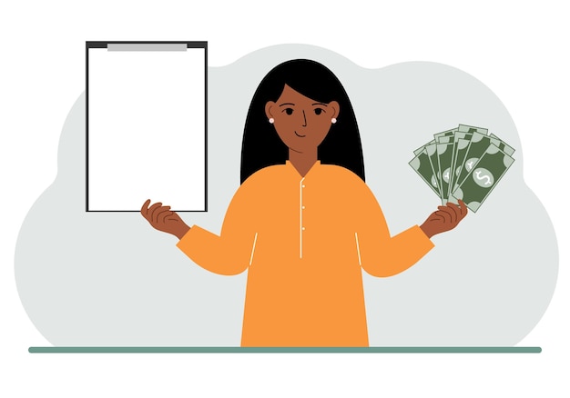 Vector a woman holds a lot of paper money in one hand and in the other a clipboard empty for text concept for advertising banner or poster of earning or saving money