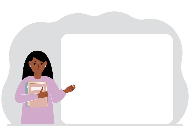 Vector the woman holds many books nearby is a large white poster for your text