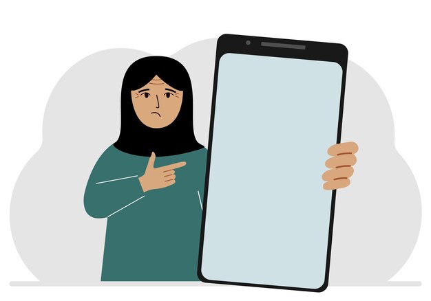 A woman holds a mockup of a large smartphone with a blank screen and with his second hand points to the screen of the phone Vector flat illustration