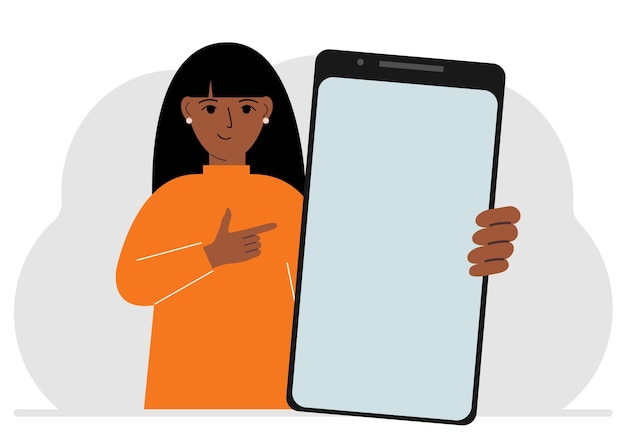 Vector a woman holds a mockup of a large smartphone with a blank screen and with his second hand points to the screen of the phone vector flat illustration