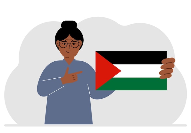 Vector a woman holds a palestinian flag in his hand vector flat illustration