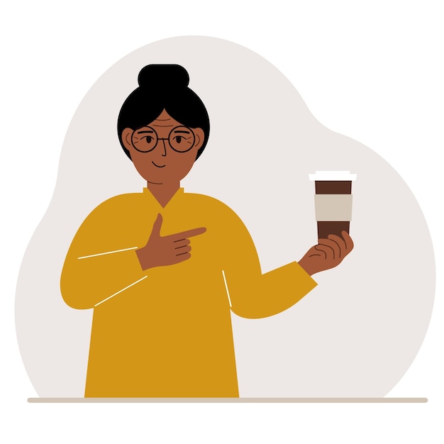 Vector a woman holds a paper cup with coffee