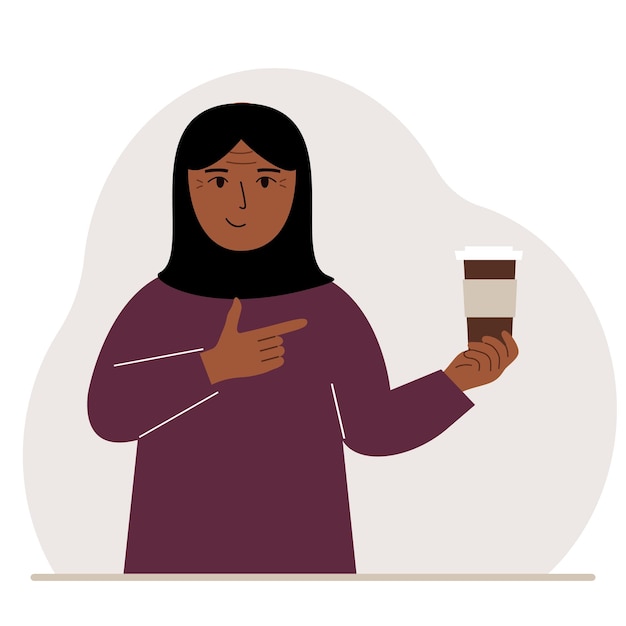 A woman holds a paper cup with coffee