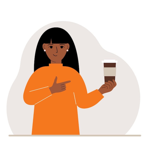 Vector a woman holds a paper cup with coffee