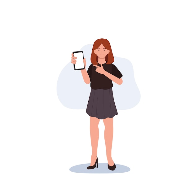 Vector a woman holds a phone in her hands and pointing at it the woman shows an empty phone and smiling flat vector cartoon character illustration