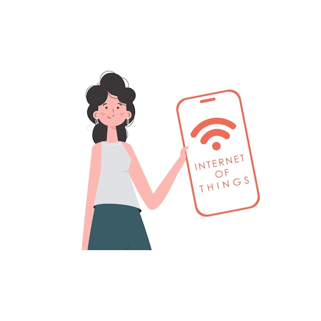 Vector a woman holds a phone with the iot logo in her hands iot and automation concept vector