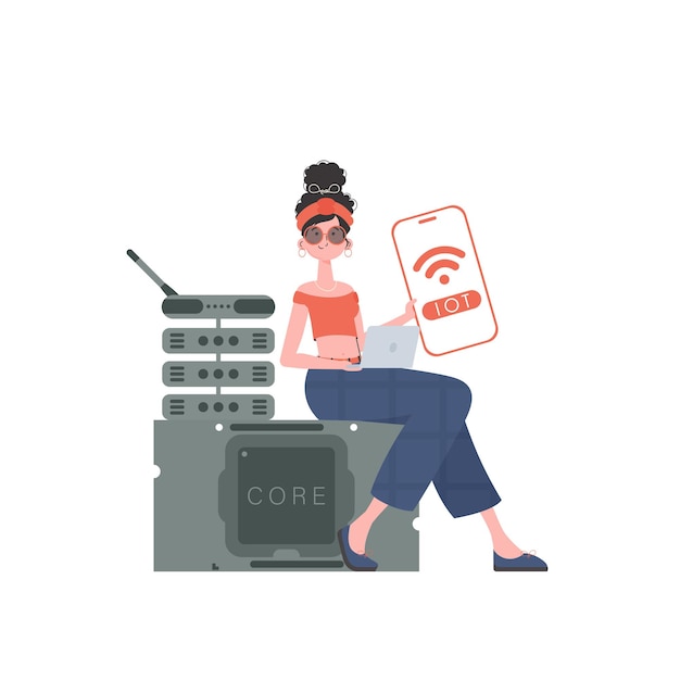 Vector a woman holds a phone with the iot logo in her hands iot concept trendy flat style vector illustration