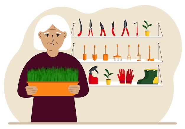 A woman holds a plant in his hands against the background of gardening tools Gardening concept