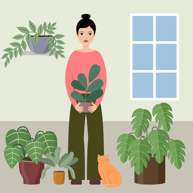 Vector woman holds the plant.  illustration