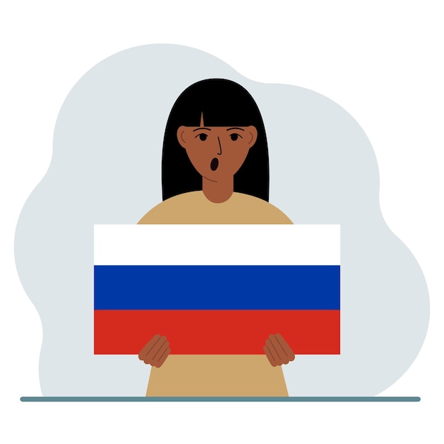 女性がロシア国旗を手に持っているデモンストレーションの国民の祝日や愛国心のコンセプト