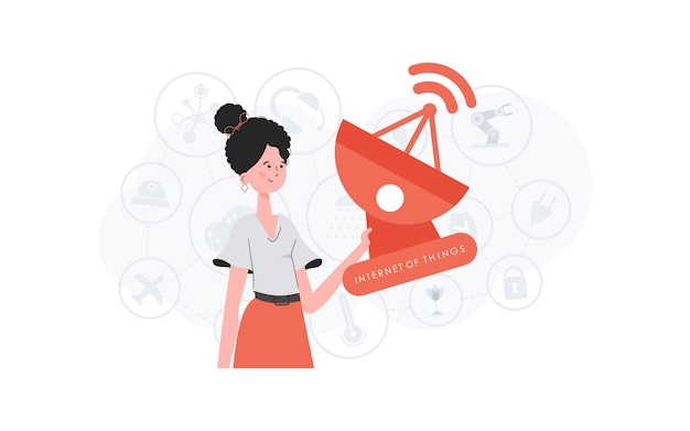 A woman holds a satellite dish in her hands IOT and automation concept Good for presentations and websites Vector illustration in trendy flat style