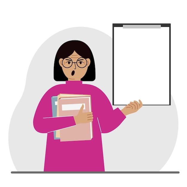 Vector a woman holds a stack of books in one hand a clipboard in the other space for text knowledge education teaching personal improvement reading list vector flat illustration