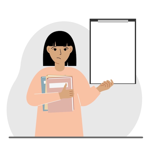 A woman holds a stack of books in one hand a clipboard in the other space for text Knowledge education teaching personal improvement reading list