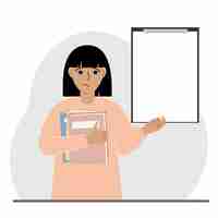 Vector a woman holds a stack of books in one hand a clipboard in the other space for text knowledge education teaching personal improvement reading list