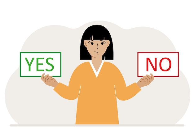 A woman holds two banners yes and no in his hands test question indecisive choice argument opposition choice dilemma opponent's view