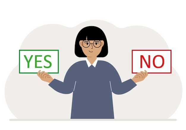 A woman holds two banners Yes and No in his hands Test question Indecisive choice argument opposition choice dilemma opponent's view