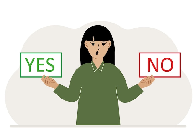 A woman holds two banners Yes and No in his hands Test question Indecisive choice argument opposition choice dilemma opponent's view