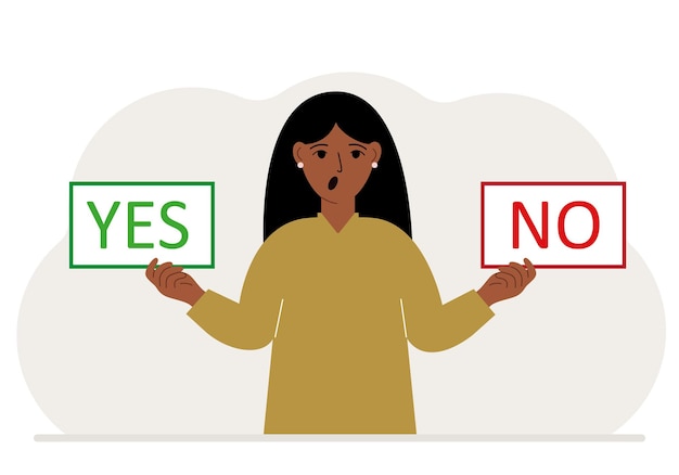 A woman holds two banners Yes and No in his hands Test question Indecisive choice argument opposition choice dilemma opponent's view