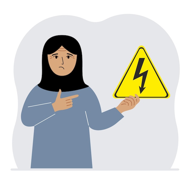 Vector a woman holds a yellow triangular warning sign with a black lightning in his hand the concept of the danger of electric shock or high voltage