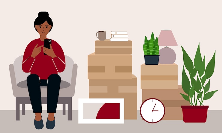 Vector a woman at home with a mobile phone sits in a chair. the concept of online registration of delivery of boxes, goods and assistance in moving. flat vector illustration.