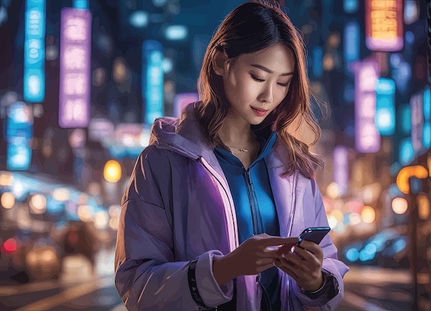 Donna nella città di hong kongdonna asiatica che utilizza il telefono cellulare durante la nottedonna nella città di hong kong