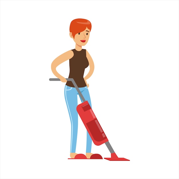 Woman housewife cleaning the floor with vacuum cleaner classic household duty of stayingathome wife illustration