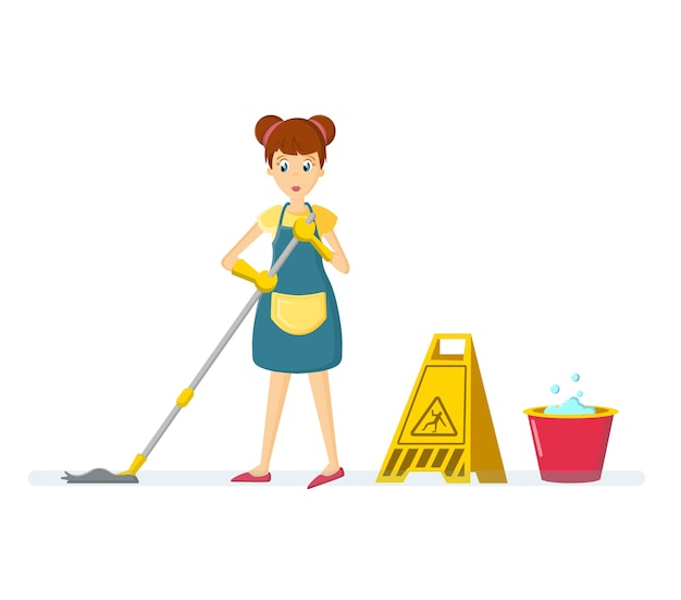 Vector woman housewife washes floor in room