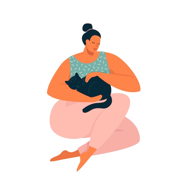 Vector woman hugging a cat illustration in vector.