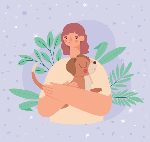 Vector woman hugging dog